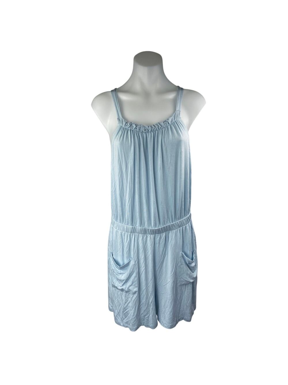 NEW Sybilla Blue Sleeveless Ruffle Scoop Neck Pocket Overall Romper Shorts XL
